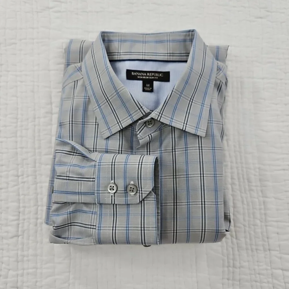 Banana Republic Non-Iron Shirt Men's M Gray Blue Check Slim‎ Fit EUC Long Sleeve